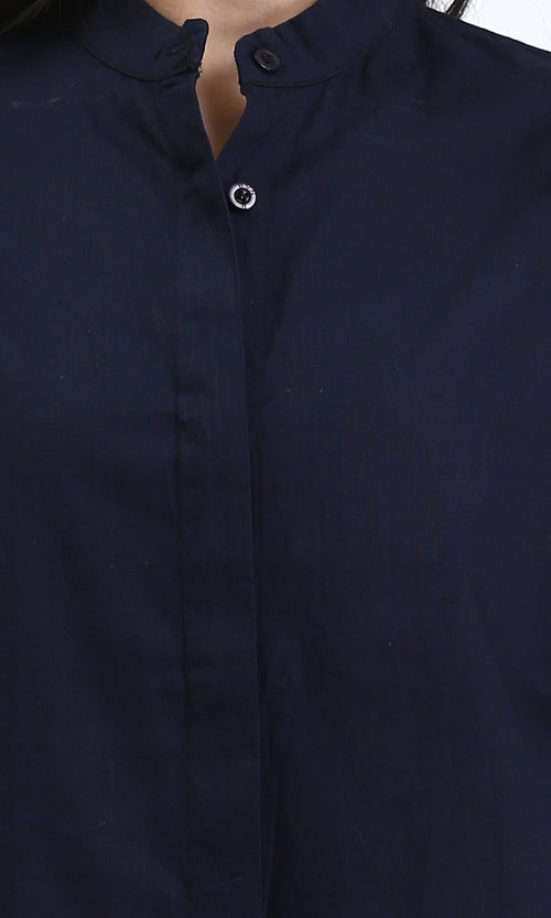R208126 - Mandarin Collar Solid Long Shirt - Navy Blue