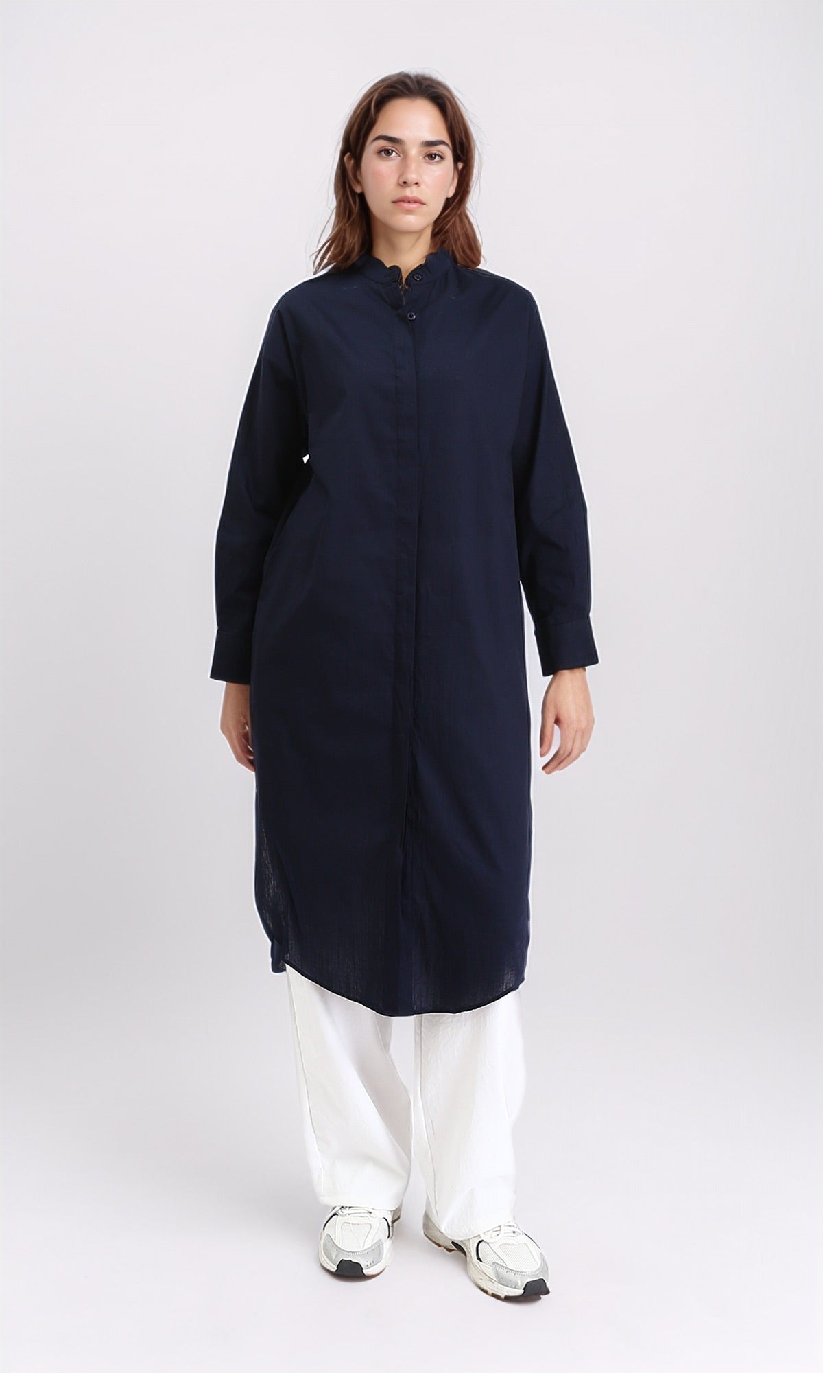 R208126 - Mandarin Collar Solid Long Shirt - Navy Blue