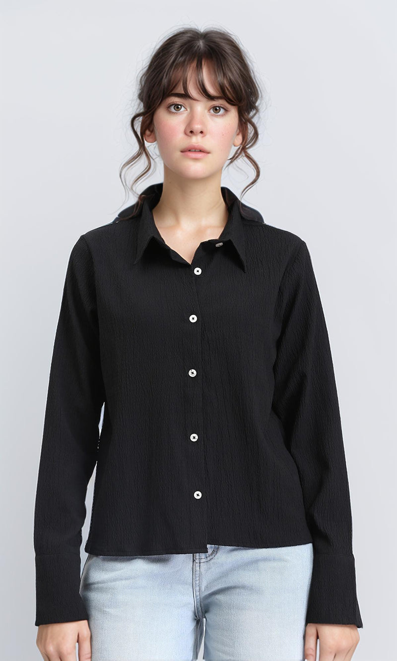 R208127 - Buttons Down Long Sleeves Textured Shirt - Black