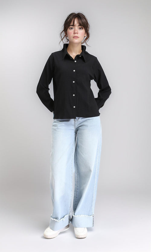 R208127 - Buttons Down Long Sleeves Textured Shirt - Black