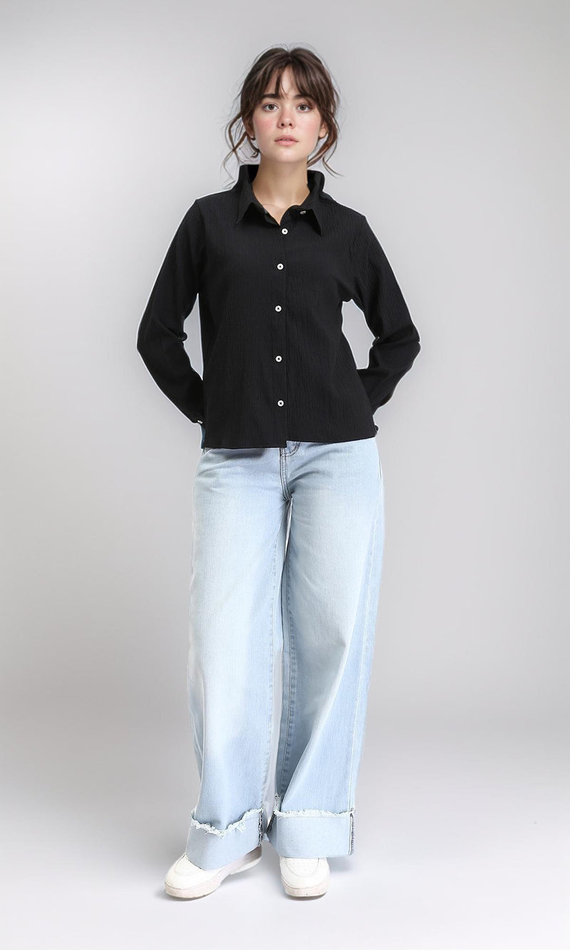 R208127 - Buttons Down Long Sleeves Textured Shirt - Black