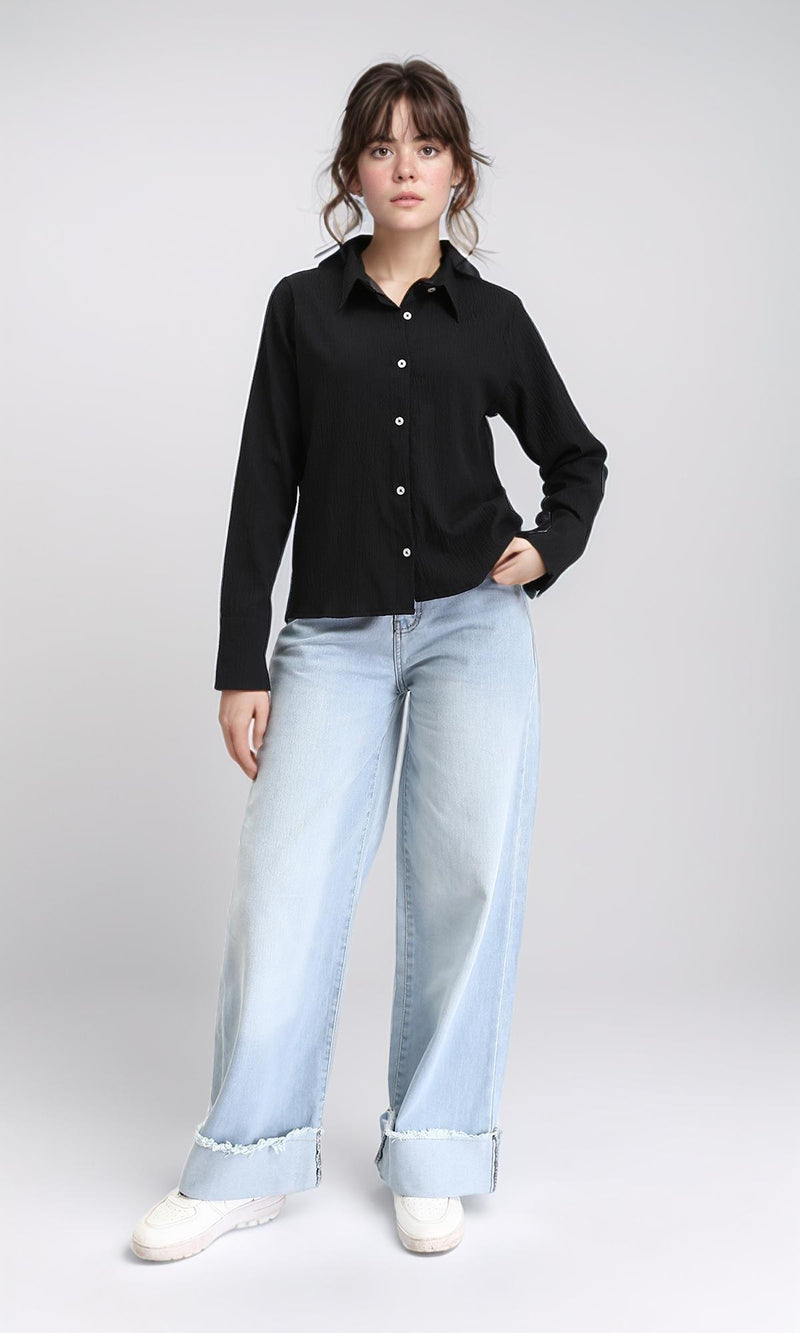 R208127 - Buttons Down Long Sleeves Textured Shirt - Black