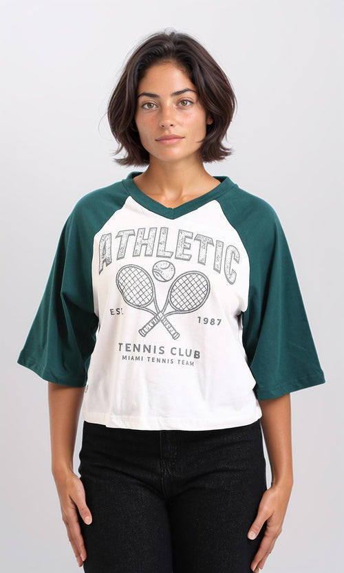 Bi-Tone V-Neck Printed Tee - Dark Green & White