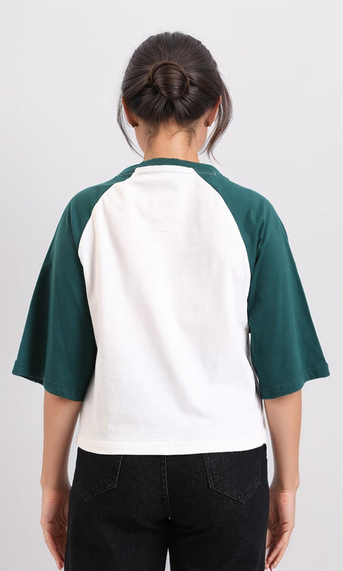 R208132-Bi-Tone V-Neck Printed Tee - Dark Green & White