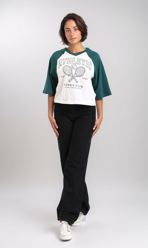 R208132-Bi-Tone V-Neck Printed Tee - Dark Green & White