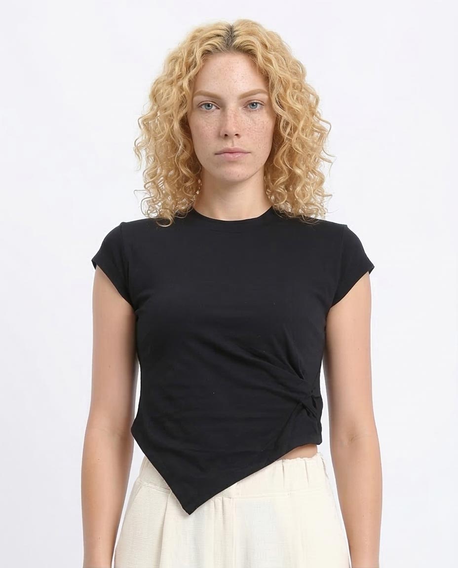 Asymmetric Knot Detail Cap Sleeve Baby Tee - Black