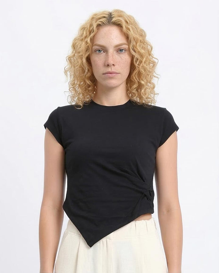 Asymmetric Knot Detail Cap Sleeve Baby Tee - Black