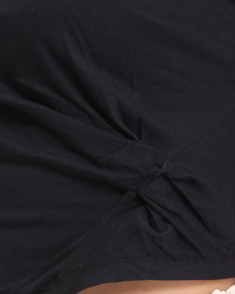 Ravin Asymmetric Knot Detail Cap Sleeve Baby Tee – Black -R208133