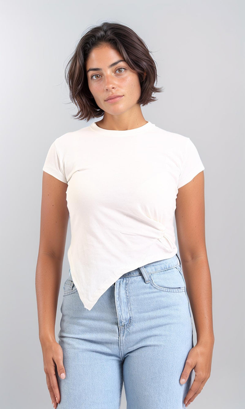 R208134-Short Sleeves Solid Asymmetric Tee - White