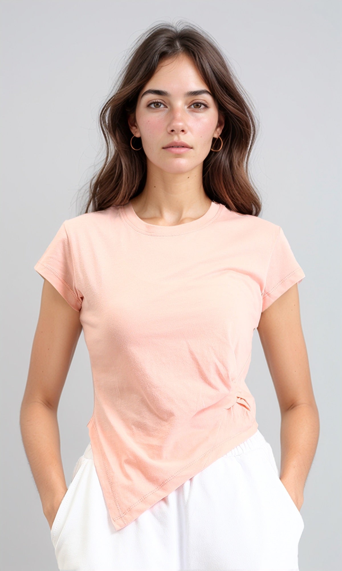 Short Sleeves Tee with Front Twist Knot - Light Salmon