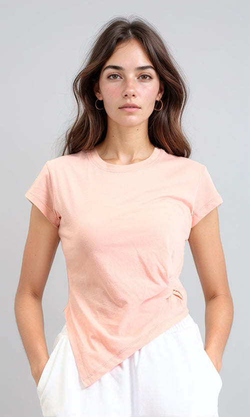 Short Sleeves Tee with Front Twist Knot - Light Salmon
