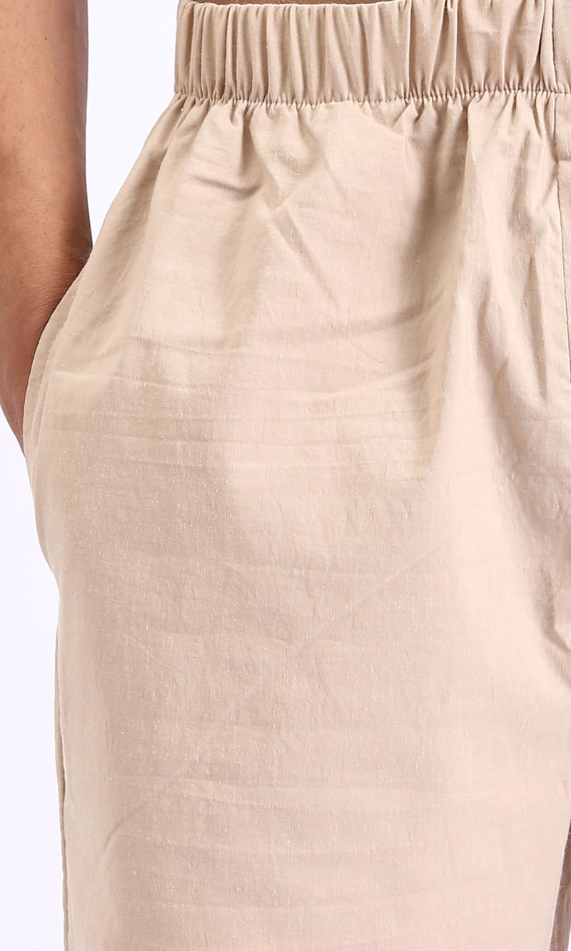R208148-Elastic Waist Slip On Casual Pants - Beige