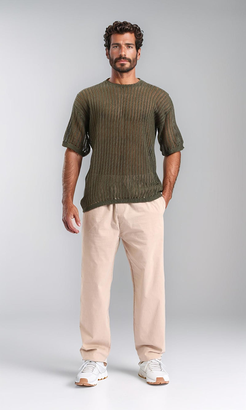 R208148-Elastic Waist Slip On Casual Pants - Beige