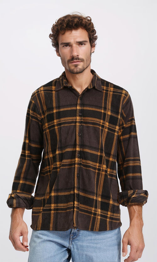 R208151 - Tartan Shirt with Classic Collar - Black & Camel