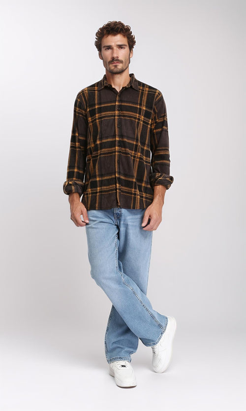 R208151 - Tartan Shirt with Classic Collar - Black & Camel