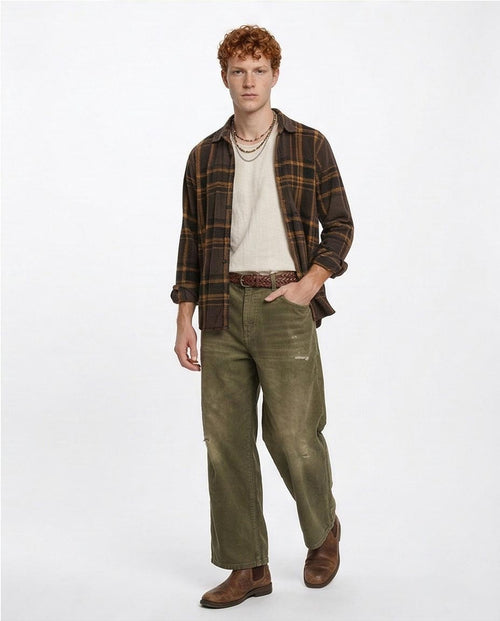 R208151 - Tartan Shirt with Classic Collar - Black & Camel