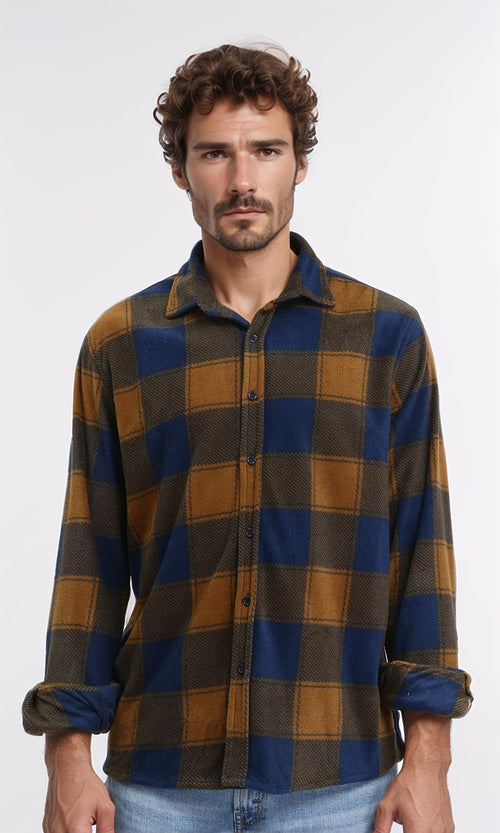 R208152 - Plaid Shirt with Classic Collar - Navy Blue & Camel