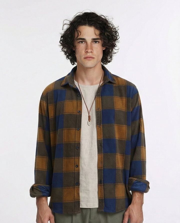 Plaid Shirt with Classic Collar - Navy Blue & Camel