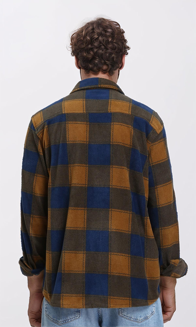 R208152 - Plaid Shirt with Classic Collar - Navy Blue & Camel