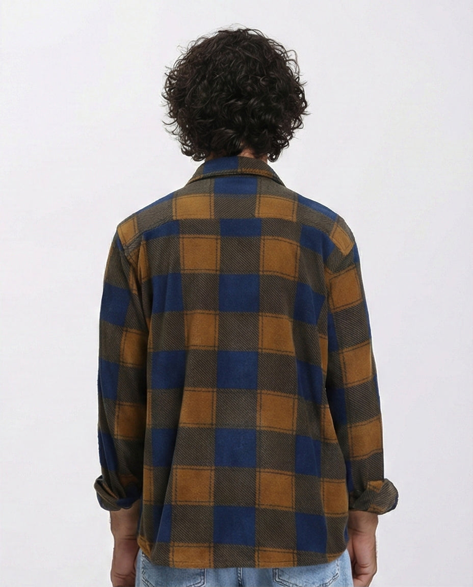 R208152 - Plaid Shirt with Classic Collar - Navy Blue & Camel