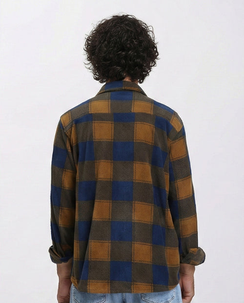 R208152 - Plaid Shirt with Classic Collar - Navy Blue & Camel