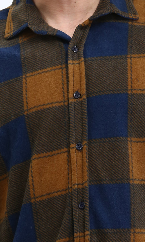 R208152 - Plaid Shirt with Classic Collar - Navy Blue & Camel