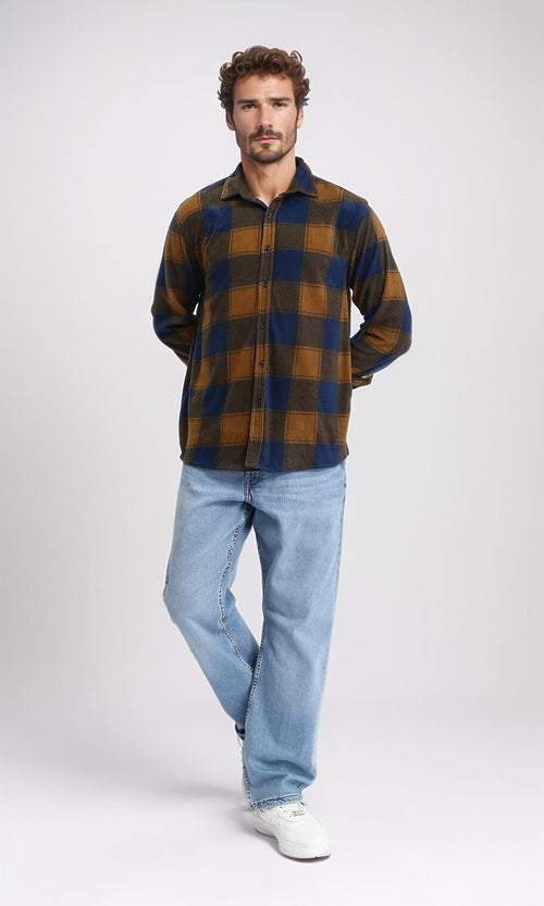 R208152 - Plaid Shirt with Classic Collar - Navy Blue & Camel