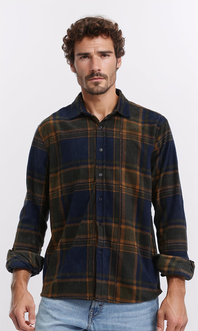R208153 - Tartan Shirt with Classic Collar - Navy Blue & Camel