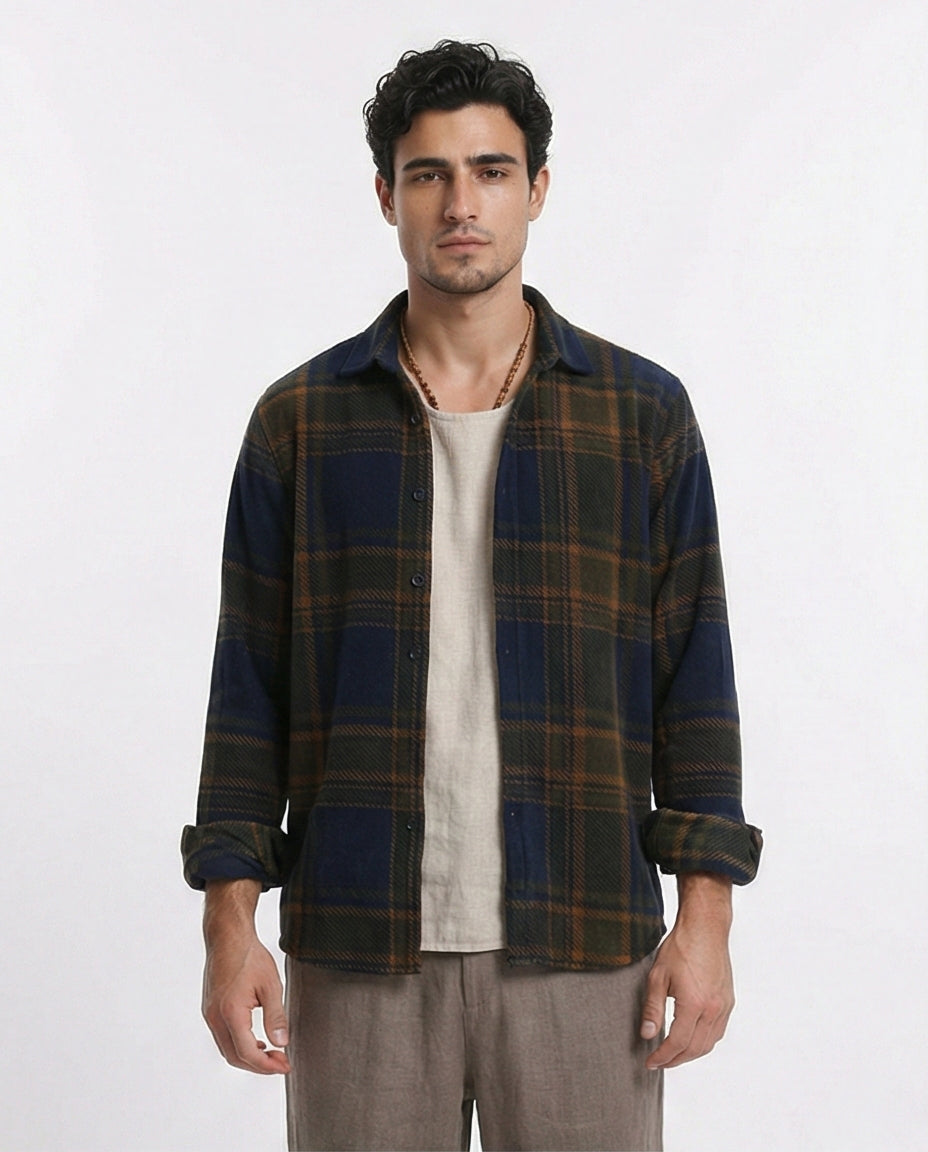 Tartan Shirt with Classic Collar - Navy Blue & Camel