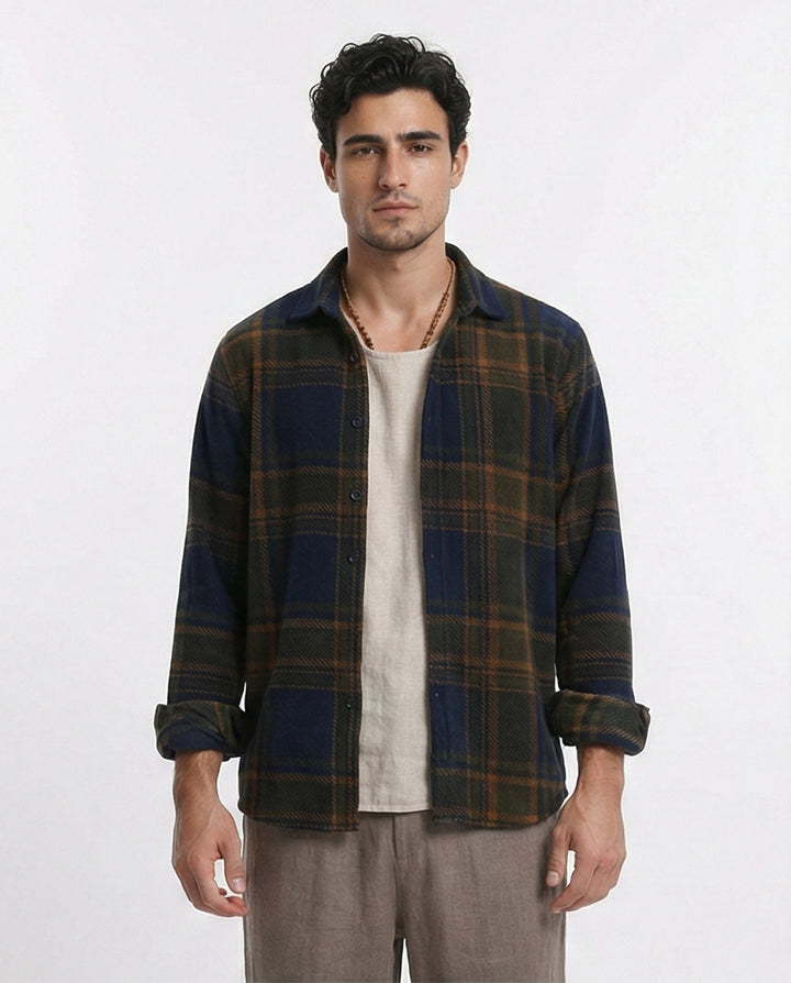 Tartan Shirt with Classic Collar - Navy Blue & Camel