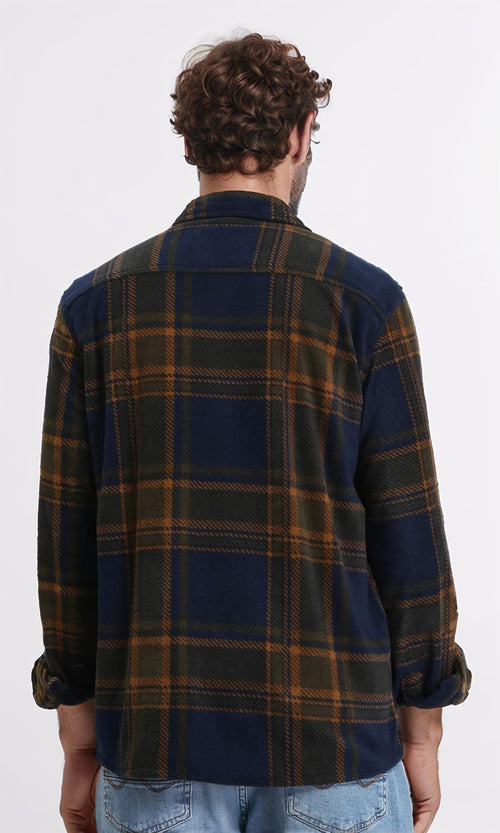 R208153 - Tartan Shirt with Classic Collar - Navy Blue & Camel