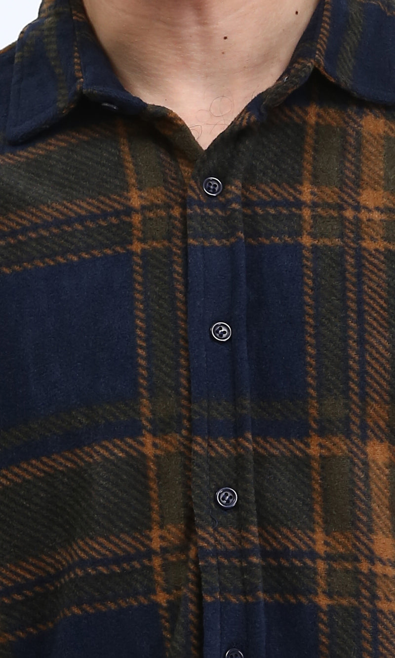 R208153 - Tartan Shirt with Classic Collar - Navy Blue & Camel