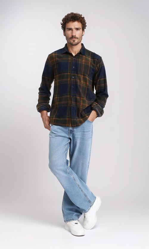 R208153 - Tartan Shirt with Classic Collar - Navy Blue & Camel