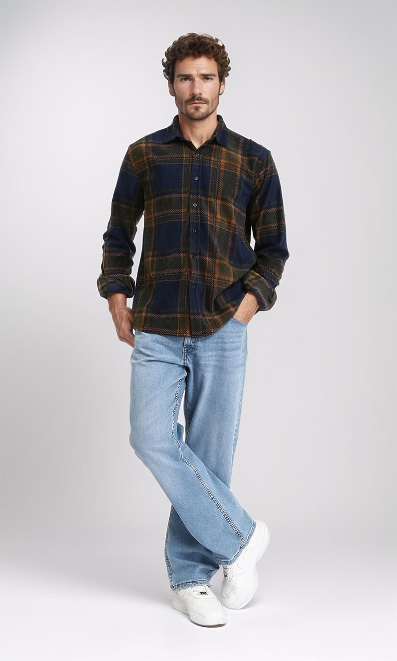 R208153 - Tartan Shirt with Classic Collar - Navy Blue & Camel