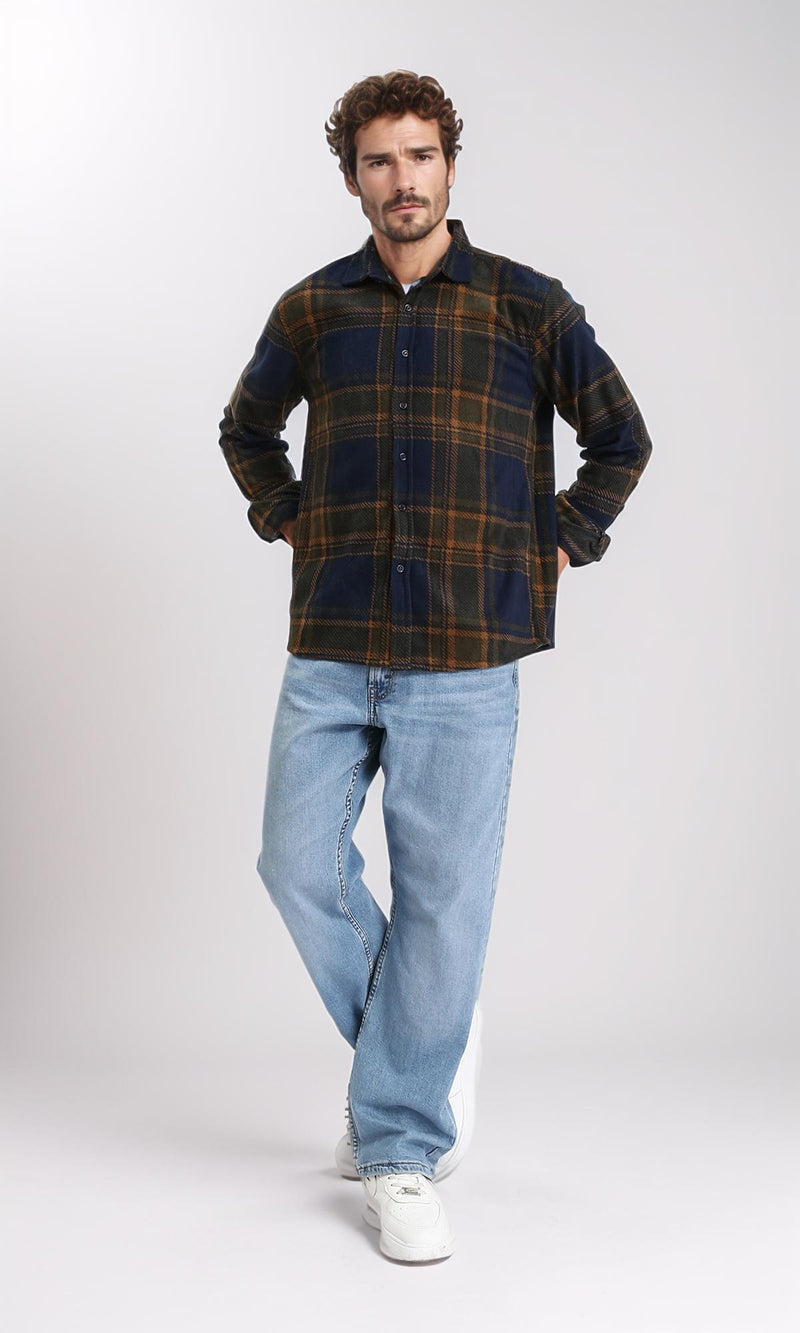 R208153 - Tartan Shirt with Classic Collar - Navy Blue & Camel