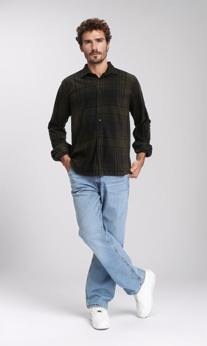 R208154 - Tartan Shirt with Classic Collar - Black & Dark Olive