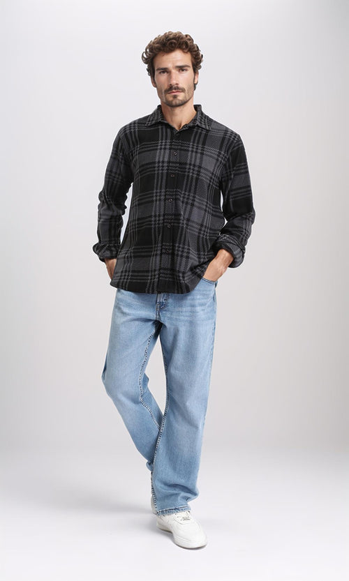 R208156 - Tartan Shirt with Classic Collar - Black & Dark Grey