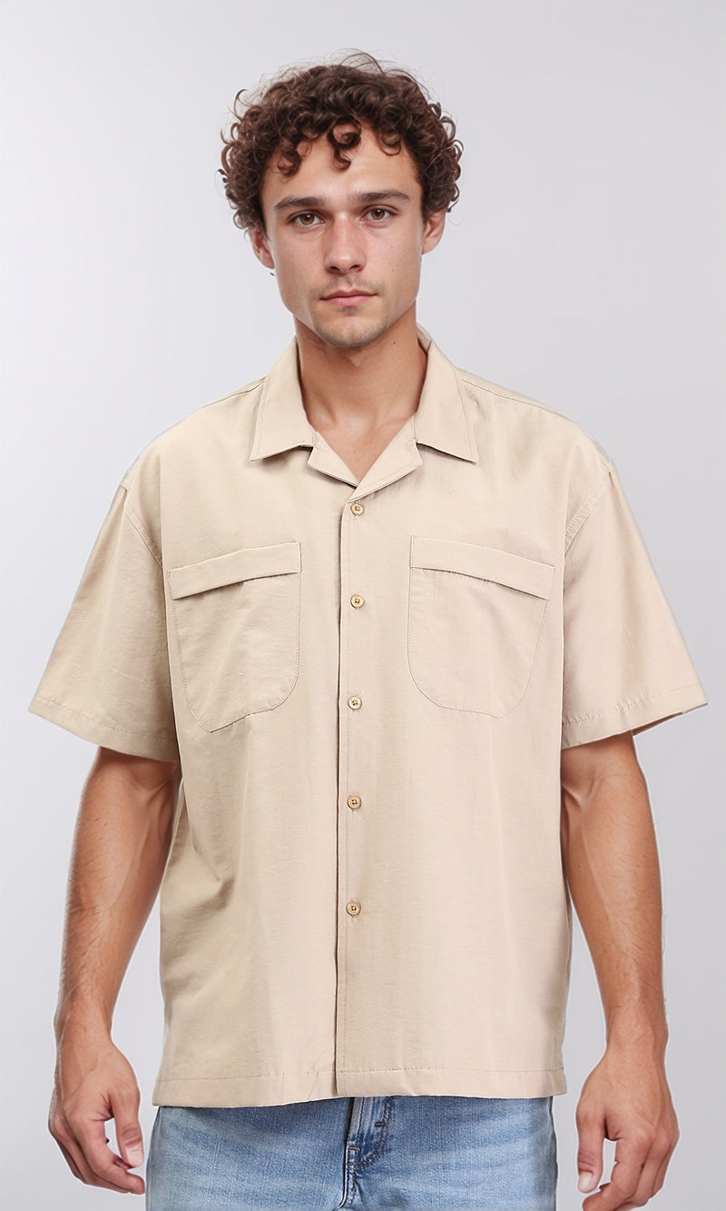 R208157 - Elbow Sleeves Shirt with Front Pockets - Sand