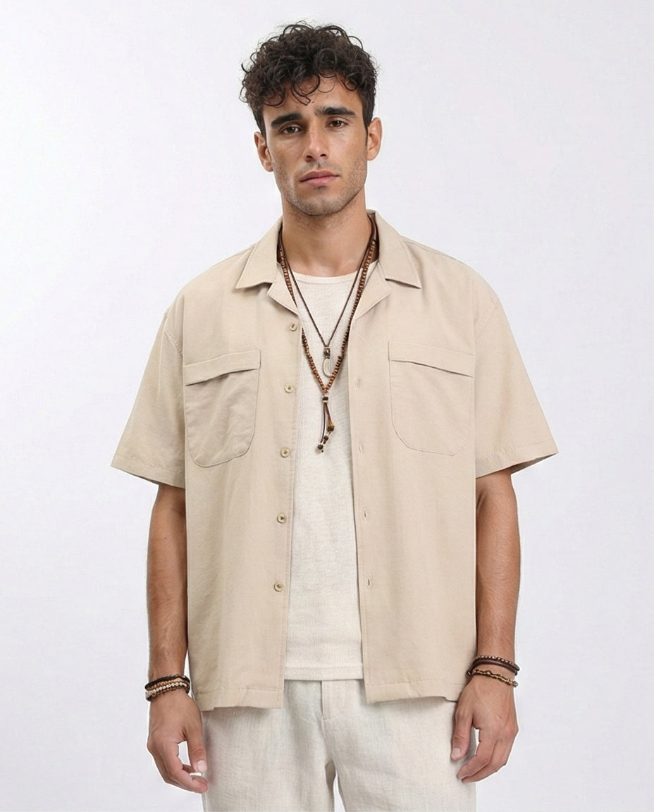 Elbow Sleeves Shirt with Front Pockets - Sand