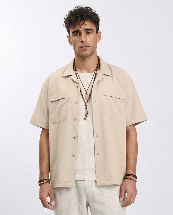 Elbow Sleeves Shirt with Front Pockets - Sand