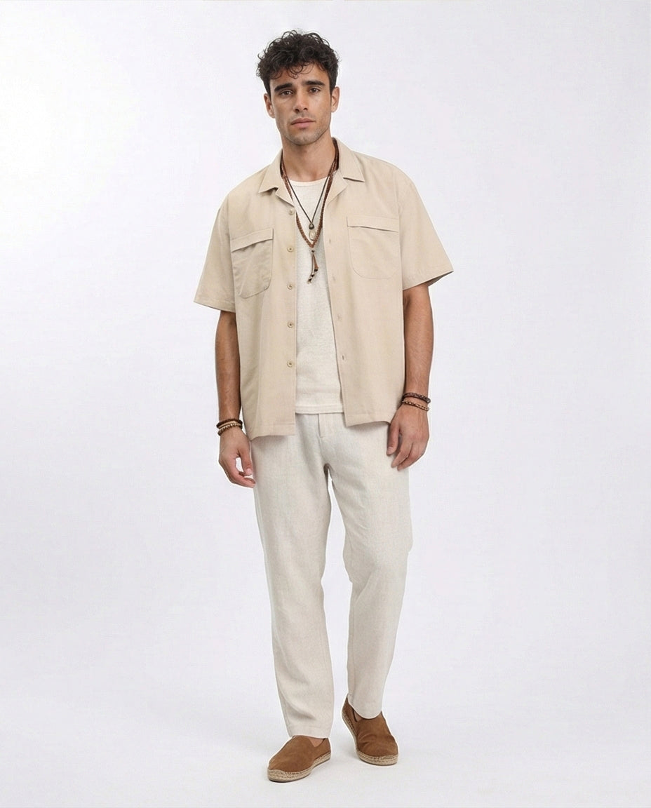 R208157 - Elbow Sleeves Shirt with Front Pockets - Sand
