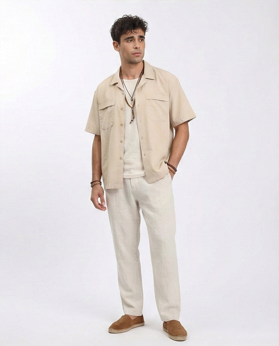 R208157 - Elbow Sleeves Shirt with Front Pockets - Sand