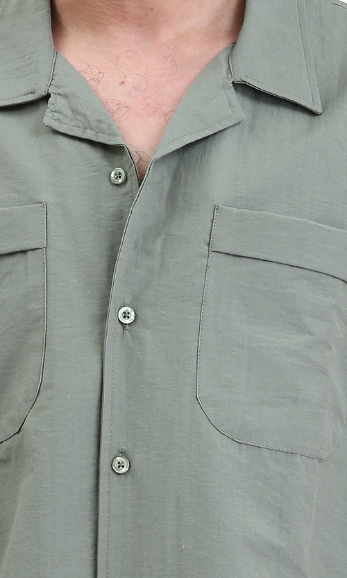 R208159 - Elbow Sleeves Shirt with Front Pockets - Olive