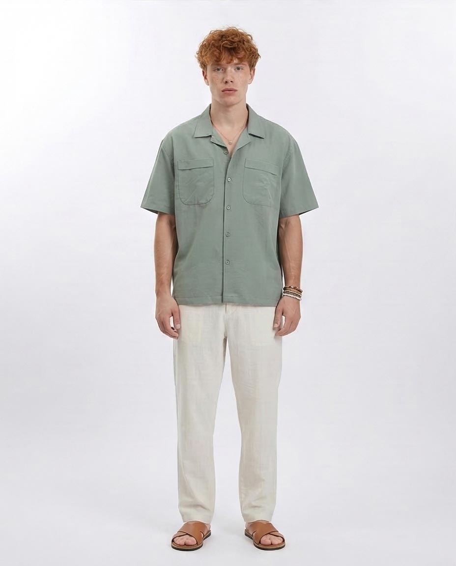 Ravin Men's Sage Green Camp Collar Shirt with Dual Utility Pockets - Olive - R208159
