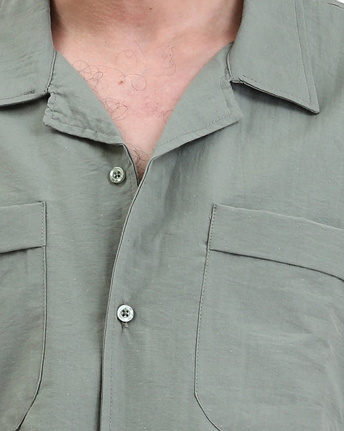Ravin Men's Sage Green Camp Collar Shirt with Dual Utility Pockets - Olive - R208159