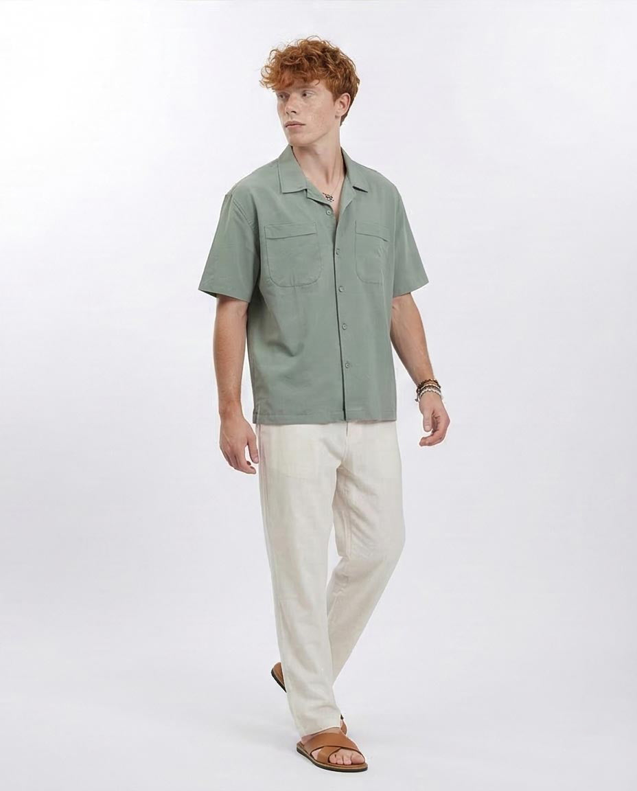 Ravin Men's Sage Green Camp Collar Shirt with Dual Utility Pockets - Olive - R208159