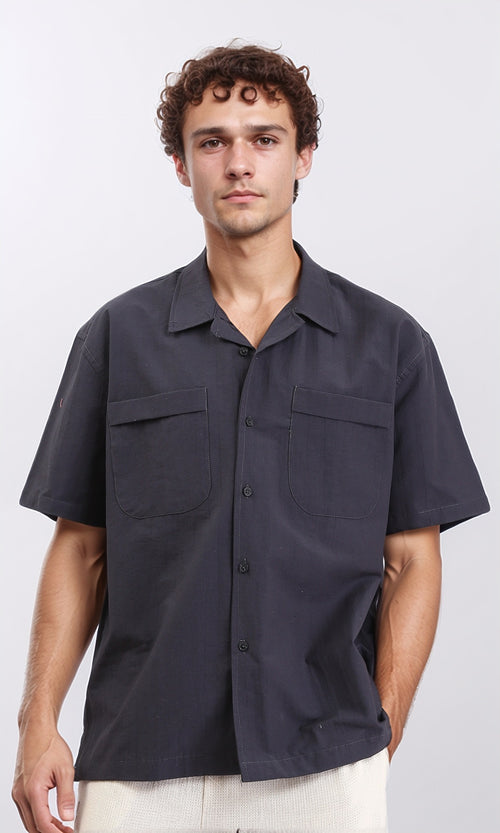 R208160 - Elbow Sleeves Shirt with Front Pockets - Dark Grey