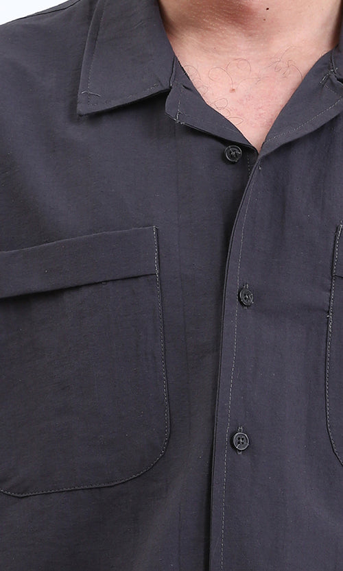 R208160 - Elbow Sleeves Shirt with Front Pockets - Dark Grey