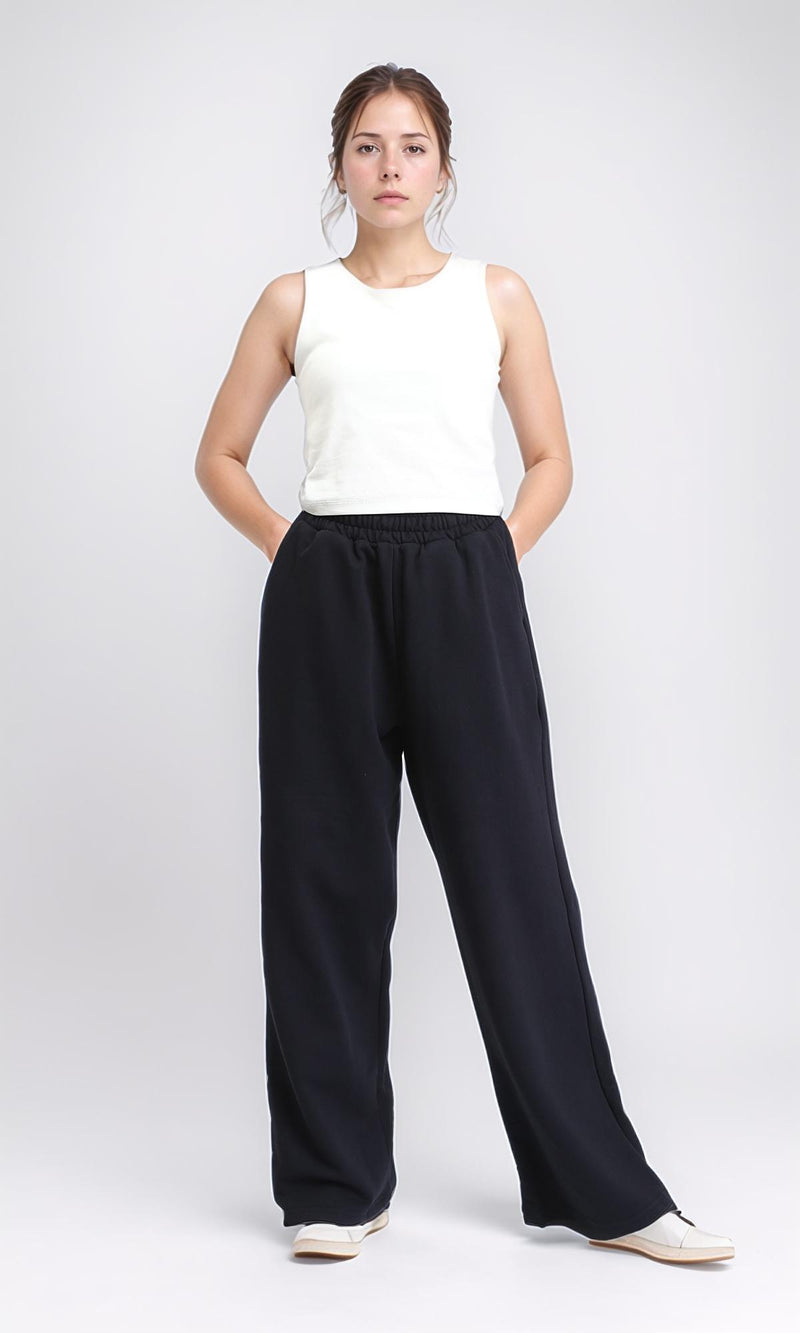 R208178 - Solid Slip On Wide Leg Pants - Black