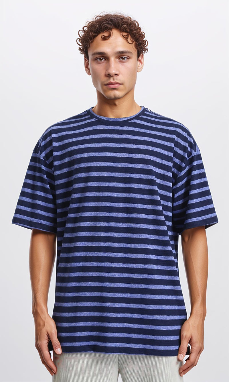 R208452 - Round Neck Striped Relaxed Tee - Navy Blue & Steel Blue